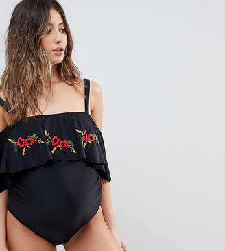 ASOS Maternity Floral Embroidered Frill Bardot Swimsuit