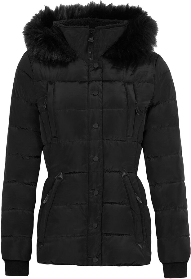 Spindle Womens Hooded Short Fur Trimmed Parka Quilted Puffer Coat 4