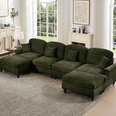 Wildon Home Classic U Shape 4 Seater Chenille Modular With Flared Arms Detachable Ruffles And Spindle Legs Comfortable Deep Seat Cloud Movable Ottomans Section