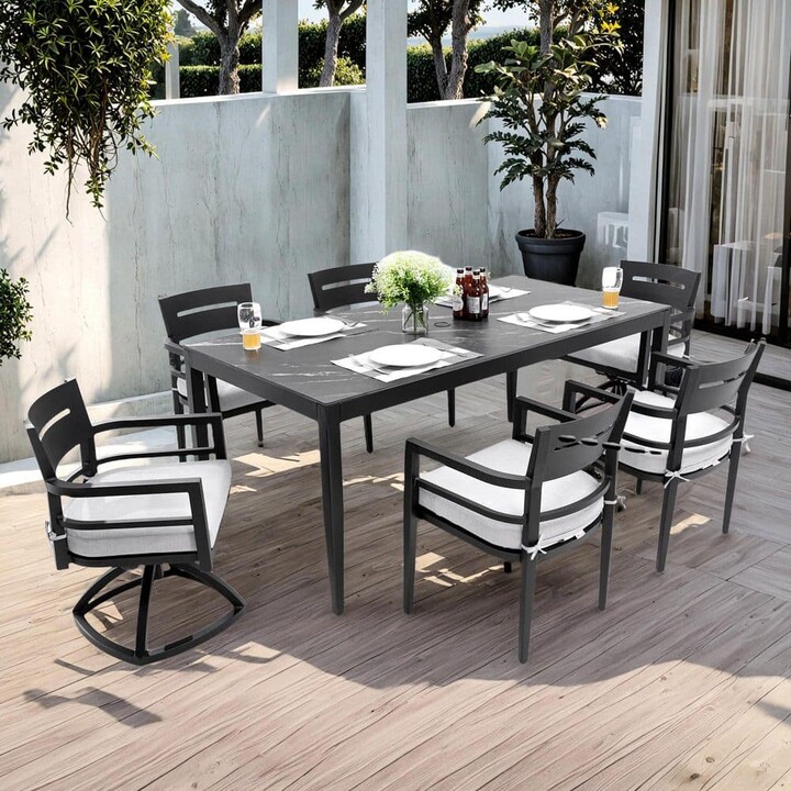 Daheat 35.5 in.x71 in. 7PC Aluminum Outdoor Dining Set,Table, Black Marble-Look Stone Top, 4 Chairs, 2 Swivel RockersCushions
