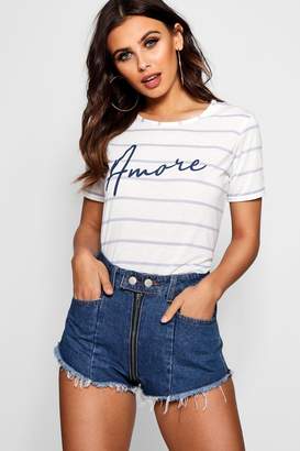 boohoo Petite Amore Stripe Slogan T-Shirt