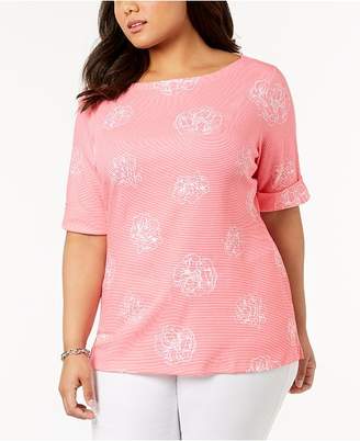 Karen Scott Plus Size Cotton Printed Elbow-Sleeve Top, Created for Macy's