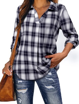 MCKOL Womens Plaid Shirt Tops and Blouses 3/4 Sleeve Tunics for Women V  Neck Fall Tops Casual Long Shirts to Wear with Leggings Red and White  Medium - ShopStyle