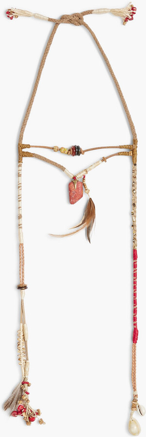 Suede, feather, shell and multi-stone necklace