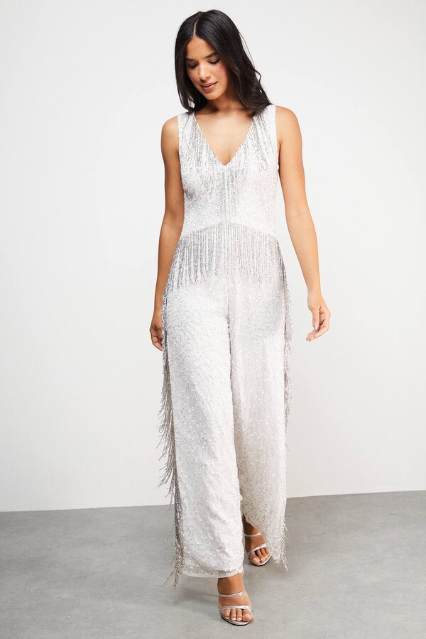 Embellished Jumpsuit Glitter Plunge Jumpsuit Women's White Sequin