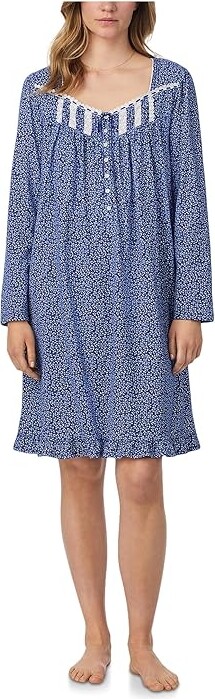 Eileen West Cotton Knit Long Sleeve Short Nightgown Women's Clothing Navy Ditsy : XL