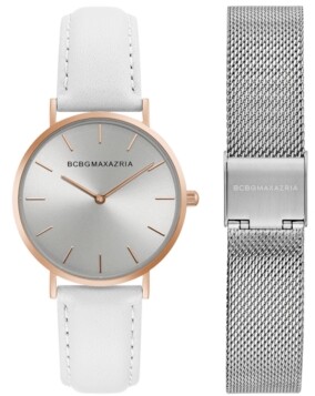 BCBGMAXAZRIA Ladies Watch Box Set with White Leather Strap and Silver Mesh Bracelet, 36mm