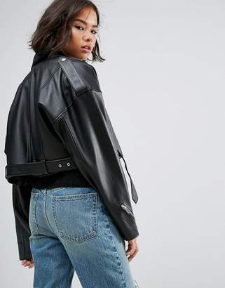 ASOS DESIGN Oversized Leather Jacket with Zip Detail