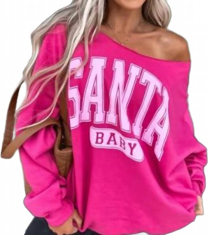 Birdie Women's Santa Baby Off Shoulder Sweatshirt In Hot Pink