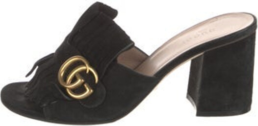 Gucci Suede Slides Black Double G Logo Fringe Trim Accent