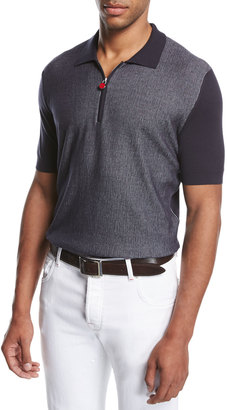 Kiton Nailhead Zip-Front Polo Shirt, Navy