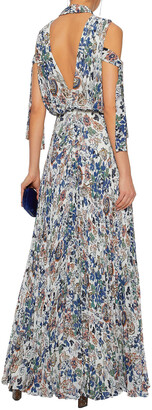 Mikael Aghal Cold-shoulder Pleated Floral-print Crepe De Chine Maxi Dress