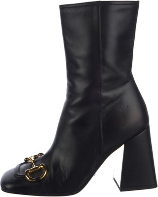 Gucci Leather Ankle Boots Black Horsebit Accent Square-Toes Concealed Zip Closure at Sides