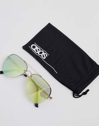 ASOS DESIGN aviator sunglasses in gold with green mirrored lens