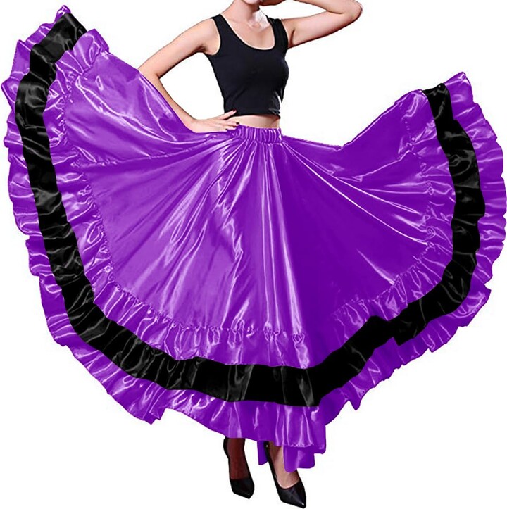Backgarden Women Girls Black-circle Long Satin Skirt for Belly Dance ...