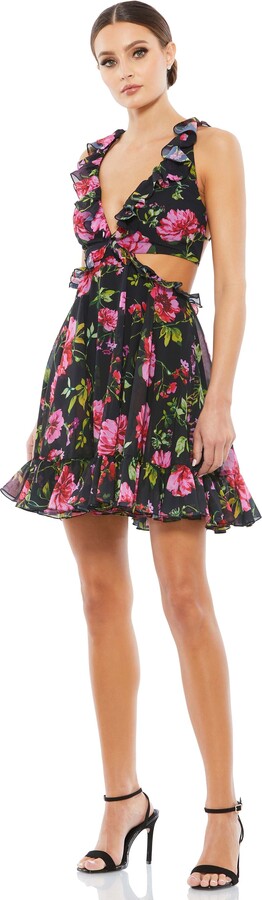 Leena for Mac Duggal Ruffle Cut Out Lace Up Flowy Mini Dress