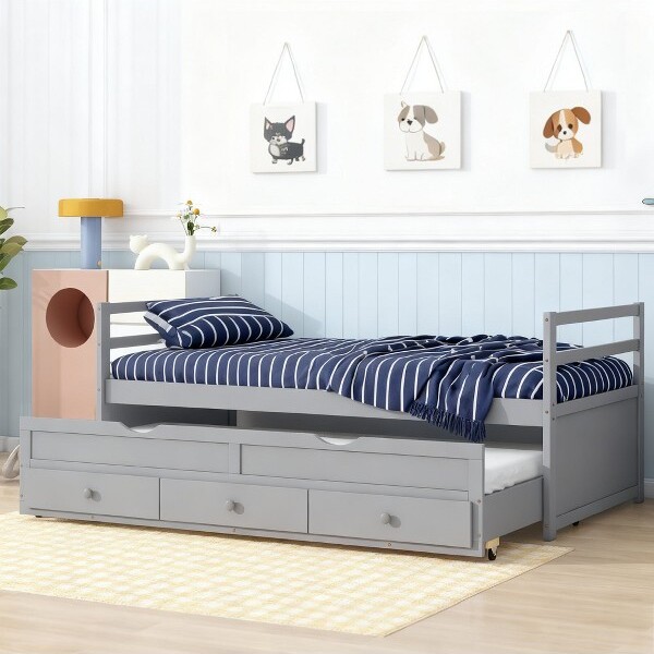 LuxystarTwinSizePineWoodBedwithHeadboardTrundleand3StorageDrawersforBedroomandGuestRoomGray