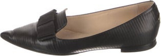 Jimmy Choo Leather Loafers Black Printed Pointed-Toes with Bow Accents Includes Dust Bag Unfortunately due to restrictions this item may not be eligible for shipping in all areas.