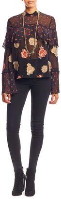 Nicole Miller Embroidered Rose Buds Ruffle Blouse