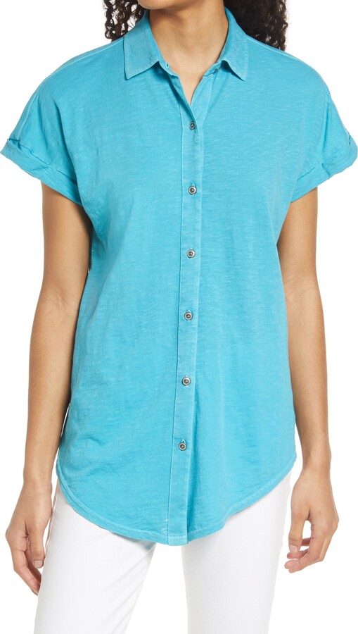 Large Fasterlow New NWT Women's Teal Button Embellished Knit Shirt Short Sleeve 