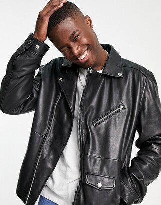 Barneys Originals leather oversized moto jacket in black - ShopStyle