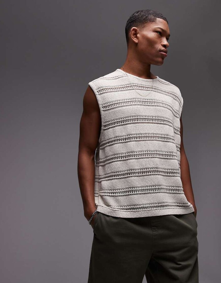 Topman relaxed fit knit crochet tank top with metallic yarn in stone