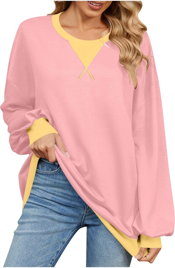 HGps8w Women's Oversized Crewneck Color Block Sweatshirt Trendy Loose Lantern Sleeve Casual 2026 Spring Pullover Tops