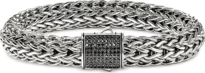 John Hardy Sterling Silver Icon Black Sapphire Pave Clasp Woven Link Bracelet 10.5mm