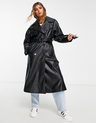 Bershka faux leather trench coat in black - ShopStyle