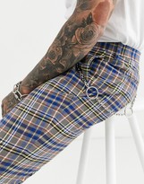 Thumbnail for your product : ASOS DESIGN tapered crop smart trousers in grey and blue check with metal pocket chain