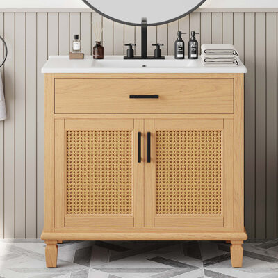KUNMINGZHUANGZHEN 36" Rattan Bathroom Vanity With Ceramic Sink, Modern Bathroom Sink Cabinet With Soft Close Doors And Drawers, Free-Standing Bathroom Vanity With Solid