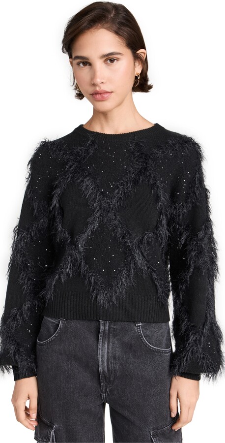 Autumn Cashmere Sequin Diamond Stitch Crew Sweater with Eyelash Trim
