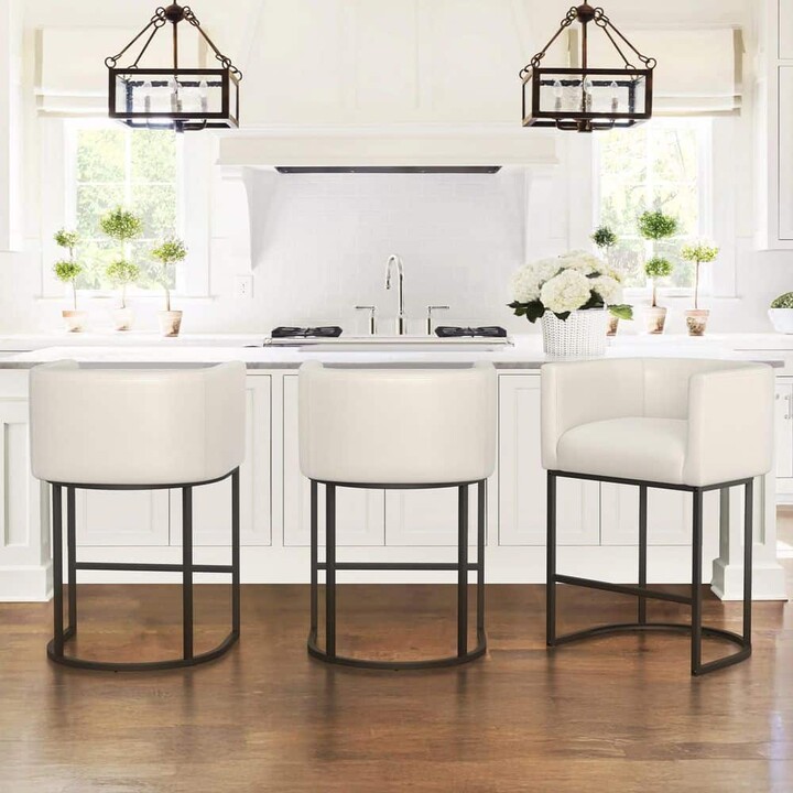 LUE BONA 26 in. Antique-White Low Back Bar Stool with Black Metal Frame Counter Height Faux Leather Counter Stool (Set of 3)