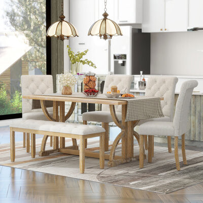 Latitude Run 6-Piece Retro Rectangular Dining Table Set Table With Unique Legs And 4 Upholstered Chairs & 1 Bench
