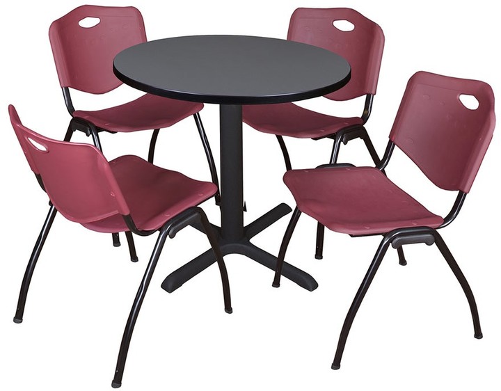 Regency Seating 30-inch Round Table and 4 'M' Stackable Burgundy Chairs