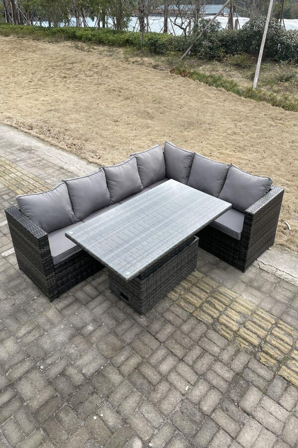Fimous 6 Seater Rattan Corner Sofa Set Height Adjustable Dining Table