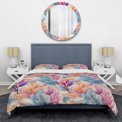 Design Art Pink And Blue Bohemian Ferns Pattern - Floral Duvet Cover Set - Microfiber Polyester