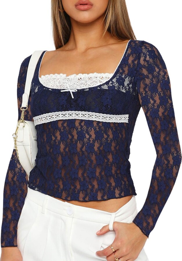 Womens Sheer Lace Floral Mesh See Through Scoop Neck Long Sleeve Crop Top  Blouse