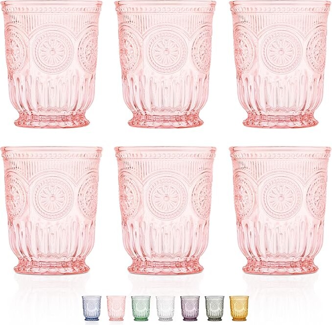 Pink Glass Cups set of 6 pink water glasses for lovers of vintage pink glassware with matching wine and champagne glasses. Colorful unique and pretty colored glassware.