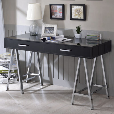 Ivy Bronx Black High Gloss 2-Drawer Writing Desk