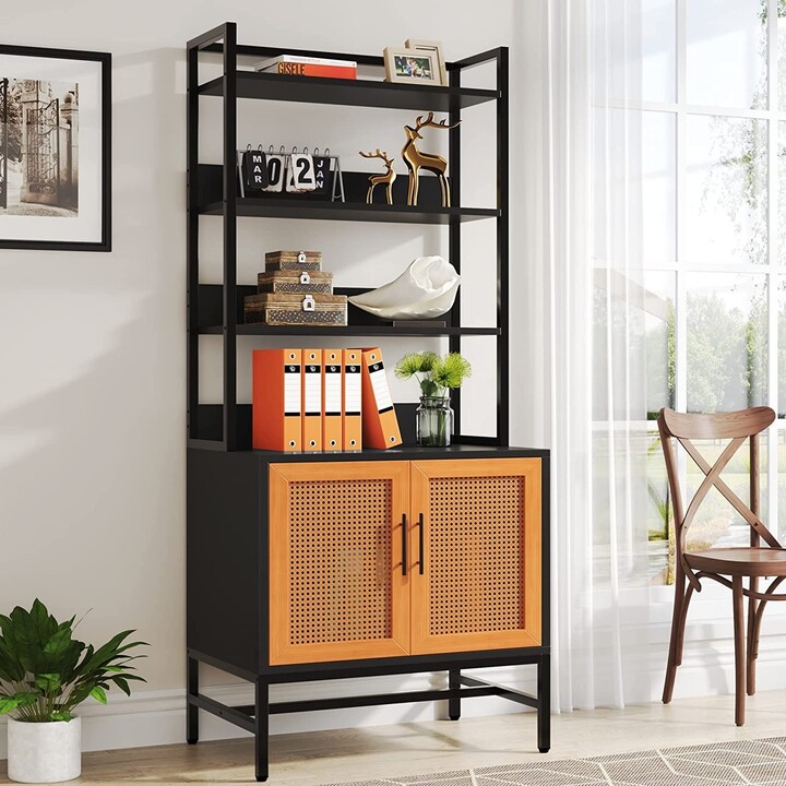YUZHOU Black Bookshelf with Rattan Doors, Large Tall Bookcases with