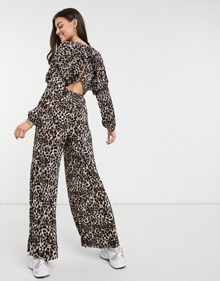 ASOS DESIGN frill open back long-sleeved plisse tea jumpsuit in leopard print