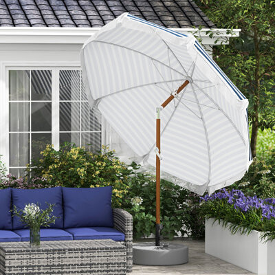Arlmont & Co. 7X7 Ft Outdoor Parasol With Tilt And Ventilation - Blue Striped Canopy Fringed Details For Sunshade 7 X Patio Umbrella Mechanism Ruffles,