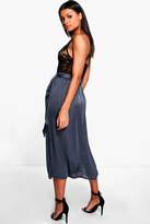 Thumbnail for your product : boohoo Lexi Gathered Waist Side Split Satin Midi Skirt