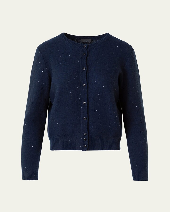 Akris Paillette Wool-Cashmere Knit Crewneck Cardigan