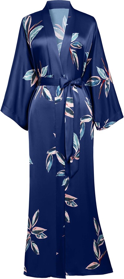 BABEYOND Charmeuse Satin Kimono Dressing Gown Leaves Pattern Kimono Robe  for Women Silk Feeling Printed Cover Up for Wedding Girl's Bonding Party  Pyjamas 135cm Long (Navyblue) - ShopStyle