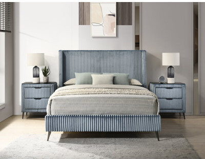 George Oliver Northington Mavela Wide Wale Upholstery Panel Bed with 2 Nightstands