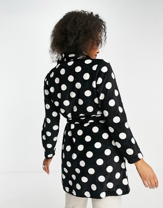 Brave Soul dotty fleece dressing gown in black and white