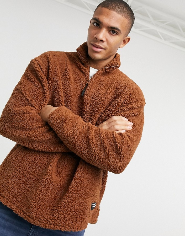 ASOS DESIGN oversized half-zip sweatshirt in brown teddy borg - ShopStyle