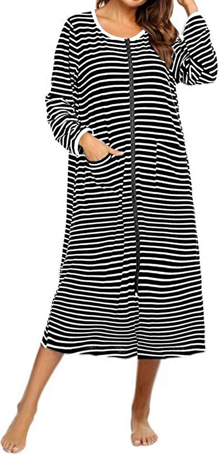 SUNNYME Women Zipper Robe Cotton Long Sleeve Housecoat Soft Zip Up ...